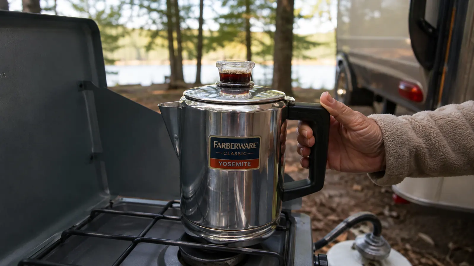 Close-up of the Farberware percolator's glass knob turning dark as coffee brews on a two-burner camp stove