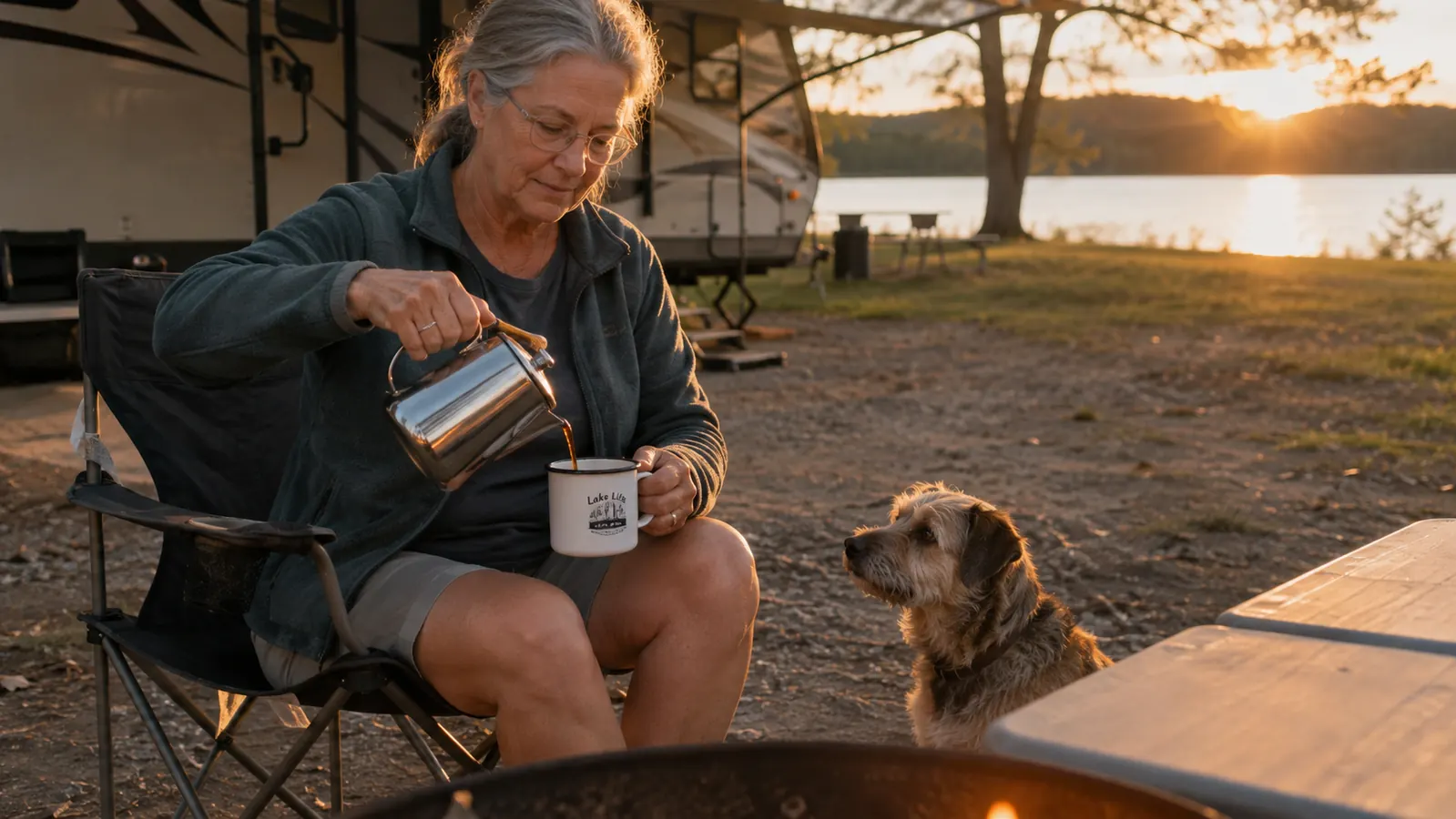 An older woman pouring percolator coffee into a mug at a lakeside Corps of Engineers campsite while a mutt dog waits nearby