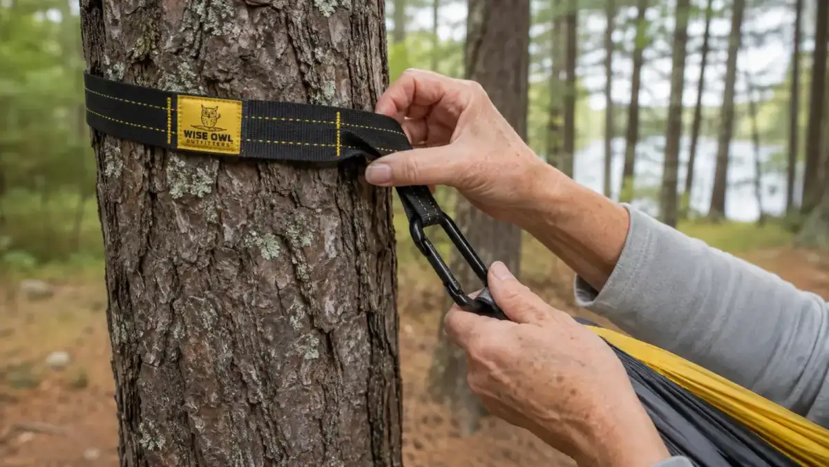Close-up of hands wrapping a wide tree strap around a pine trunk to hang a camping hammock alone