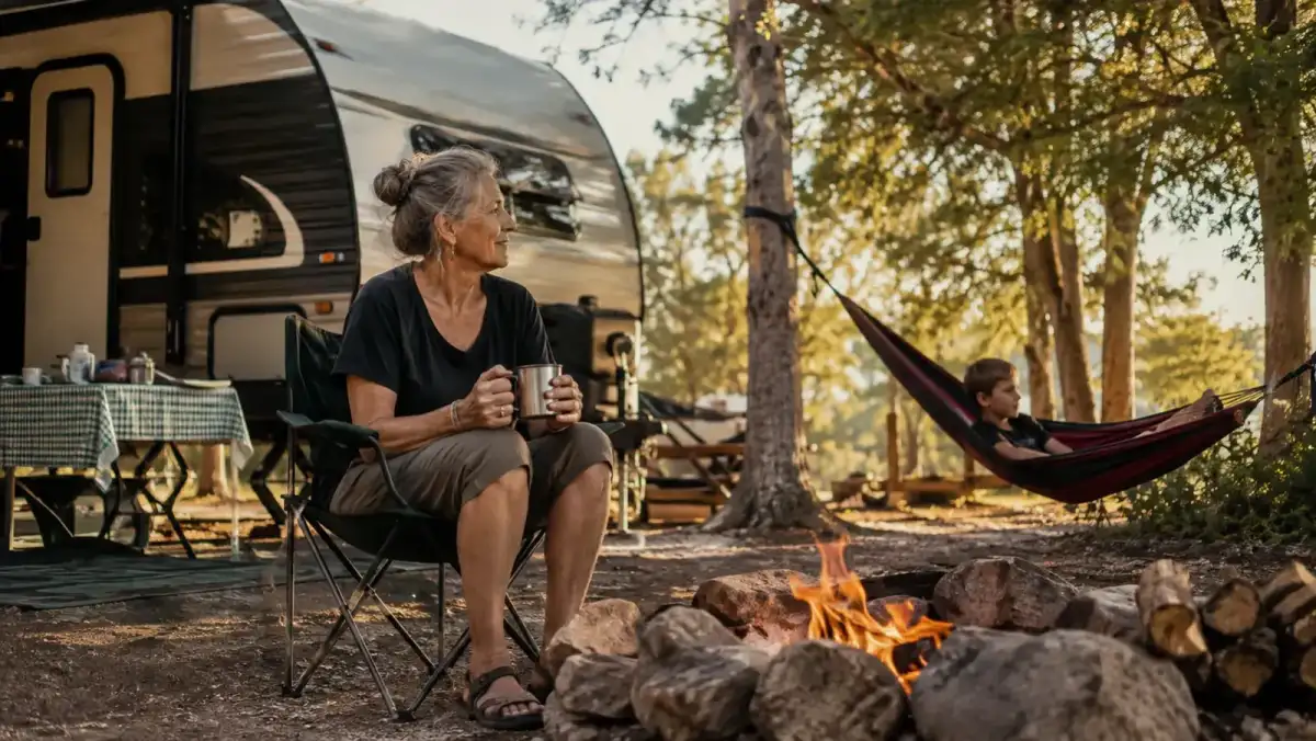 A travel trailer campsite with a hammock hung near the fire ring as a guest bed while family visits