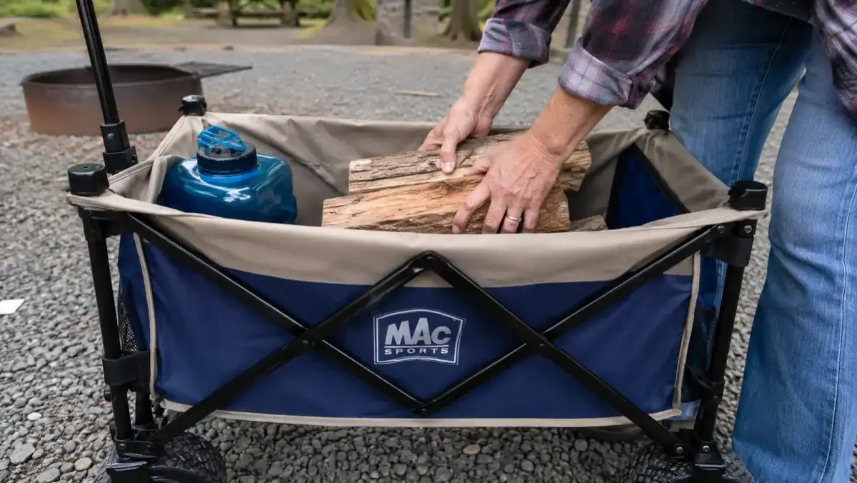 Close-up of hands loading split firewood and a water jug into the fabric bed of a folding utility wagon