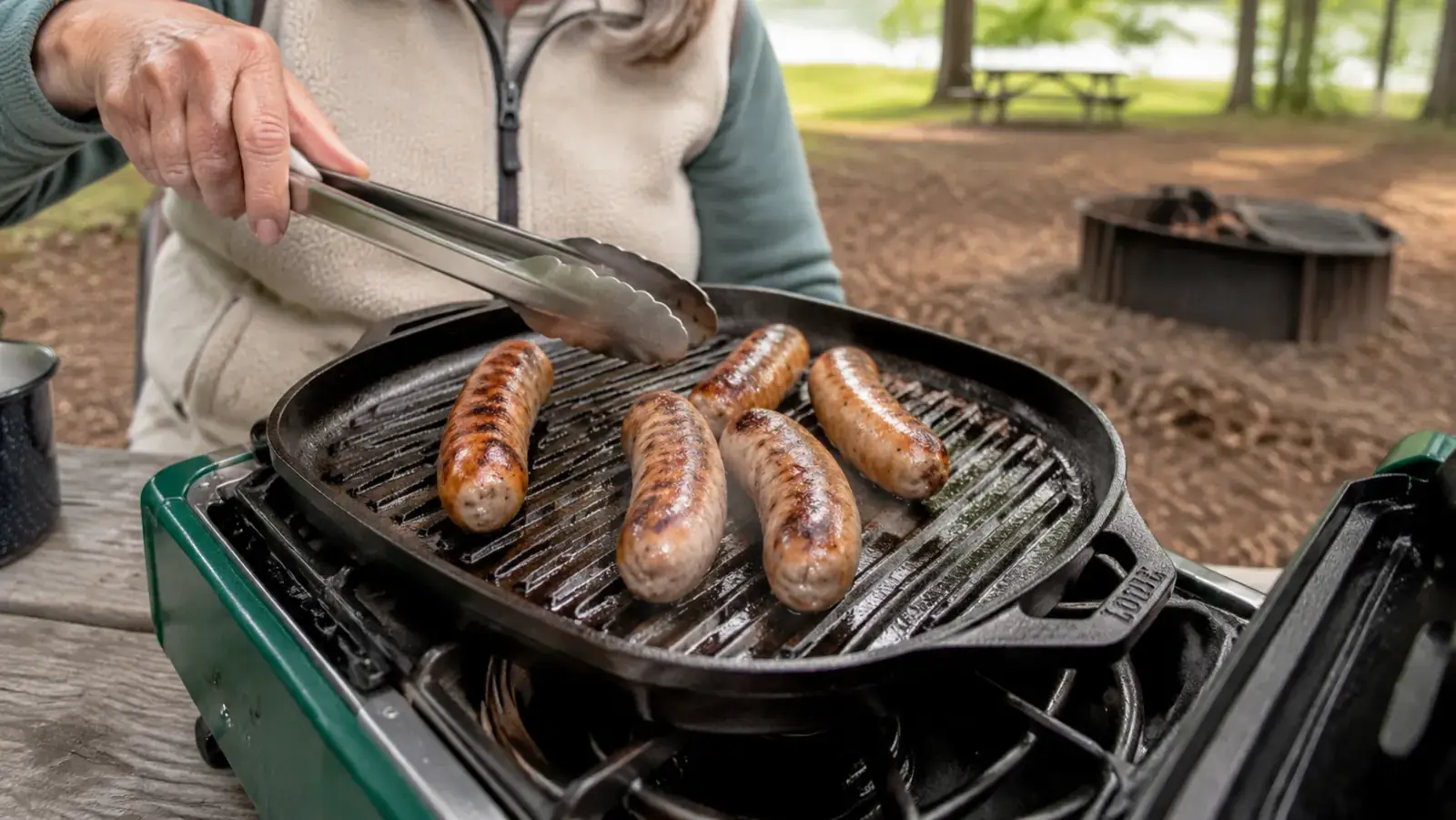 Close-up of sausage links cooking on the ridged side of a cast iron grill pan set on a two-burner camp stove