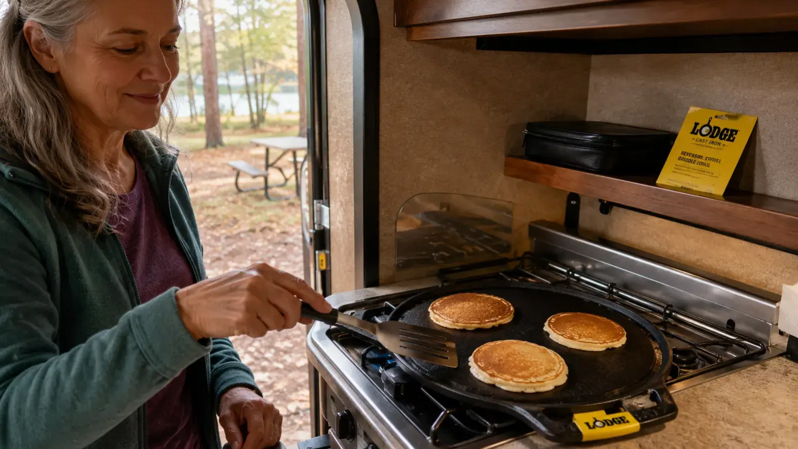 Pancakes cooking on the flat side of a cast iron griddle pan sitting on a travel trailer's built-in propane range