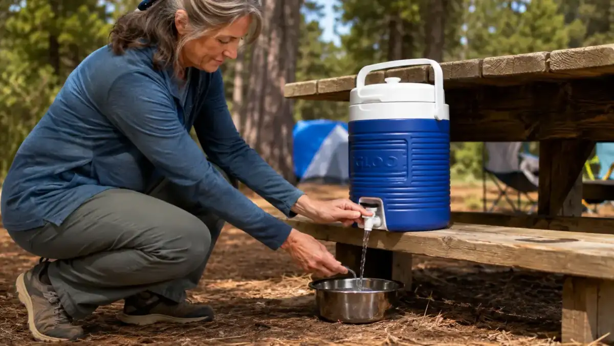 A woman's hand pressing the spout of the insulated water jug to fill a dog bowl on the ground without bending far