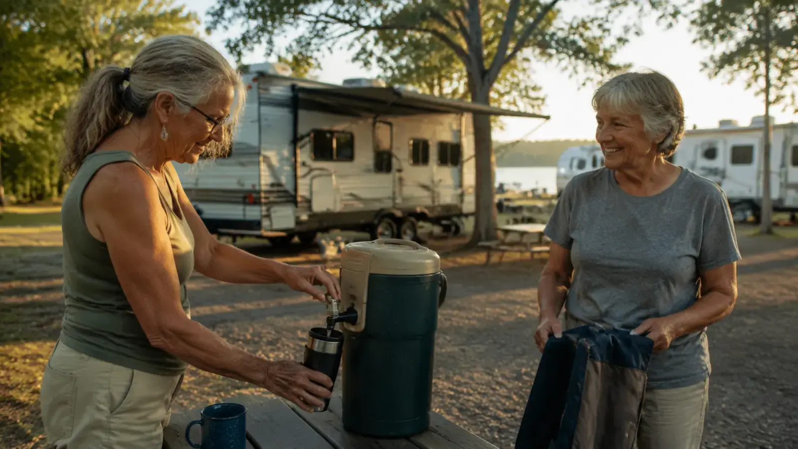 A neighbor filling a travel mug from the insulated water jug spout at a golden hour campsite gathering
