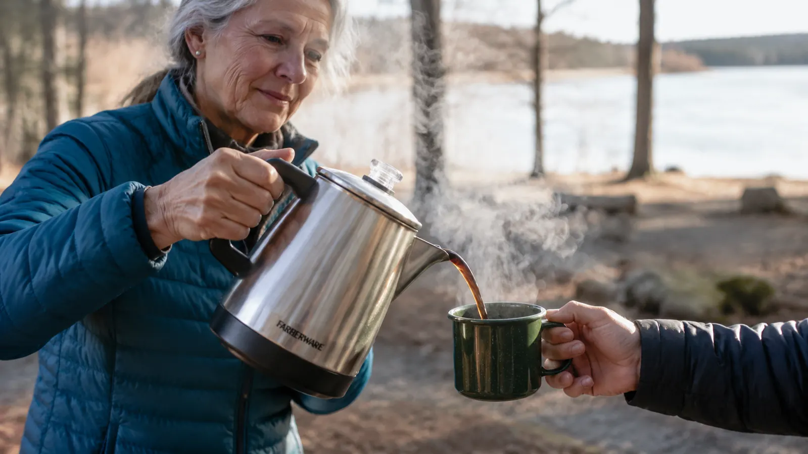 An older woman's hands pouring coffee from a stainless steel percolator into a second mug for a visiting neighbor