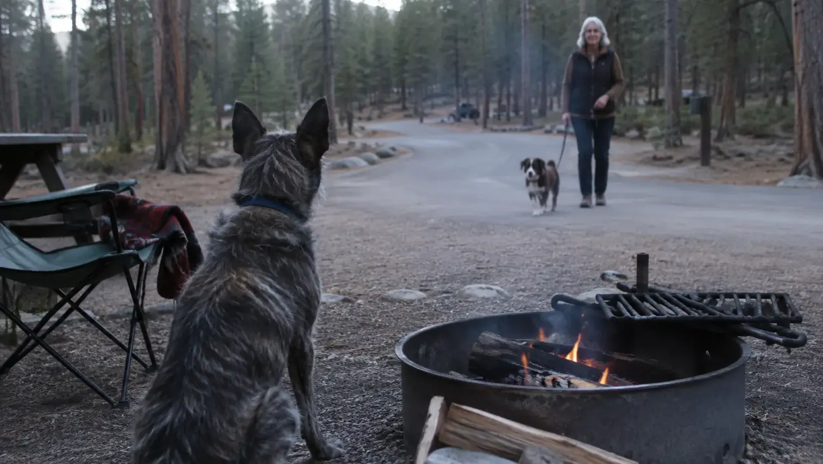 A mutt dog sitting alert near a campfire ring, ears up, watching someone approach with their own dog on a leash