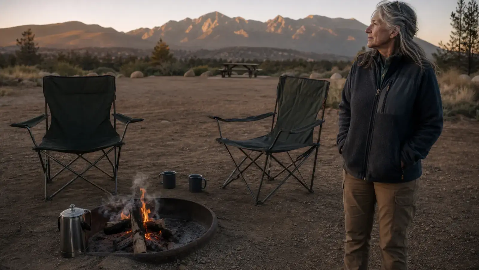 Two camp chairs pulled close to a small fire with two coffee mugs on the ground between them at a quiet campground