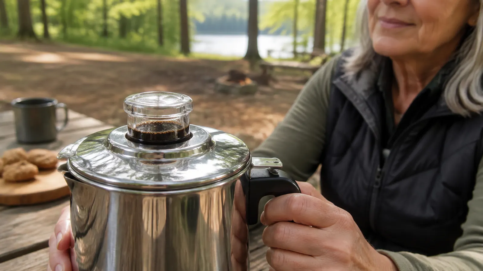 Close-up of the glass perk window on top of the actual Farberware percolator lid, coffee visibly darkening inside
