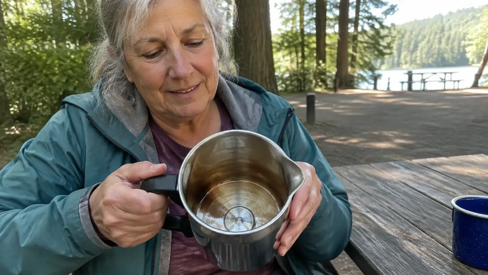 The inside of the actual Farberware percolator pot showing a light brown tint on the stainless walls after a year of coffee