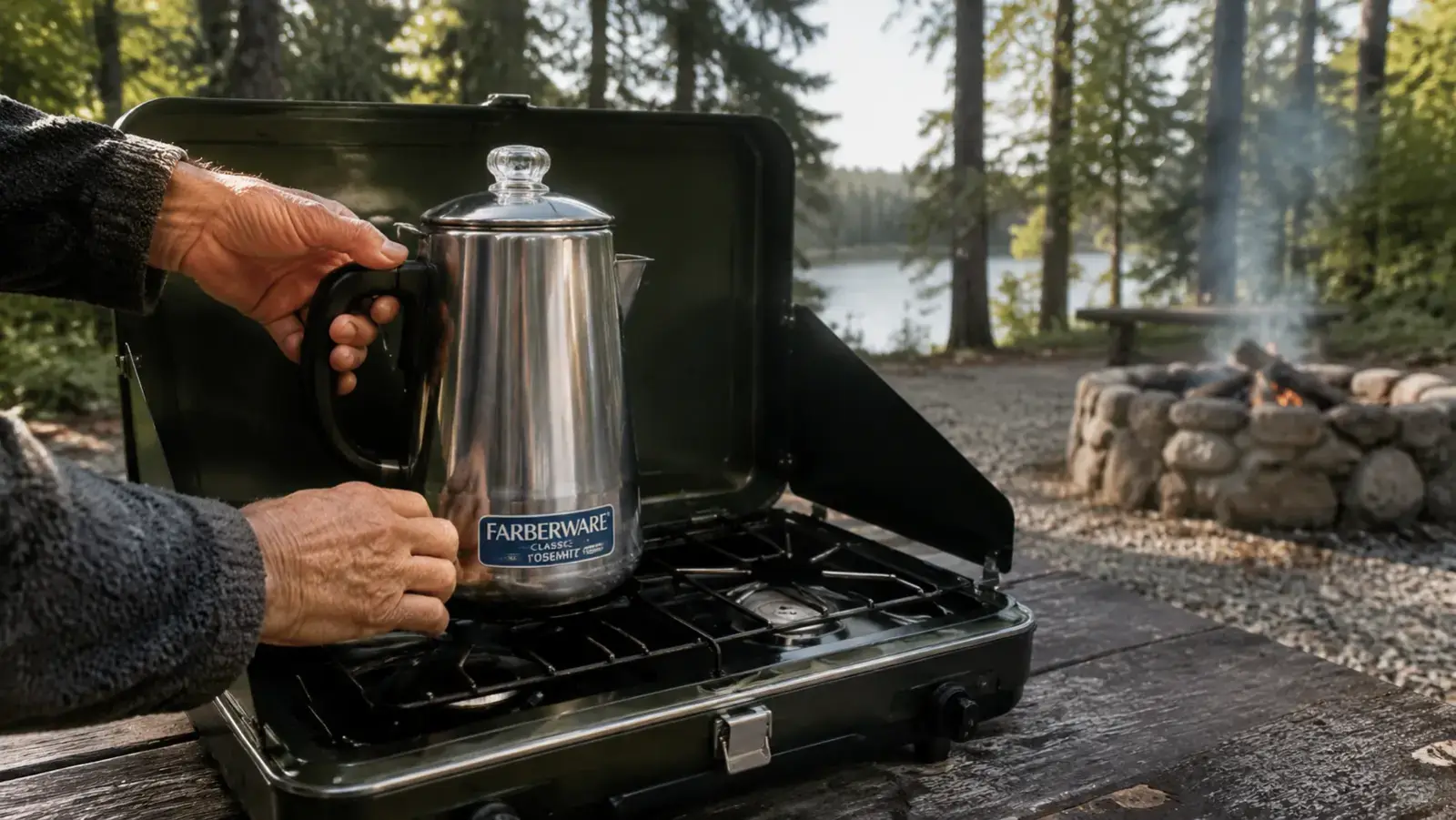 An older woman's hands setting the actual Farberware stainless percolator onto a camp stove burner beside a fire ring