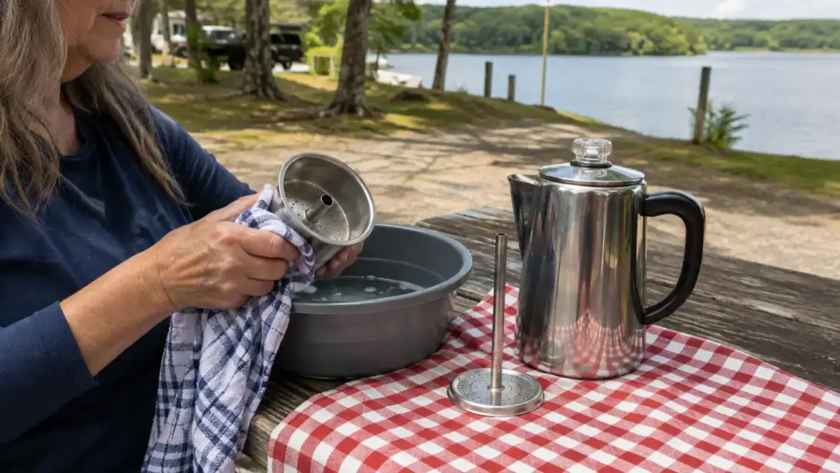 A worn stainless percolator basket and stem laid out on a camp table next to the pot after cleaning at a lakeside campsite