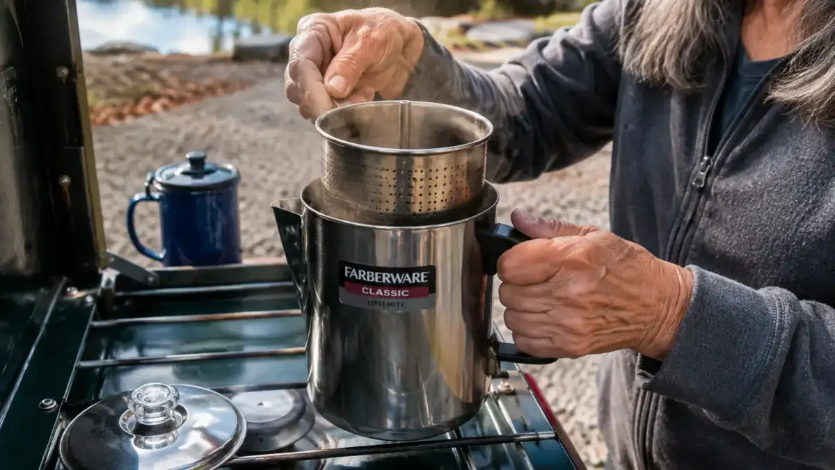 An older woman's hands lifting the basket out of a stainless steel percolator over a camp stove to check the coffee