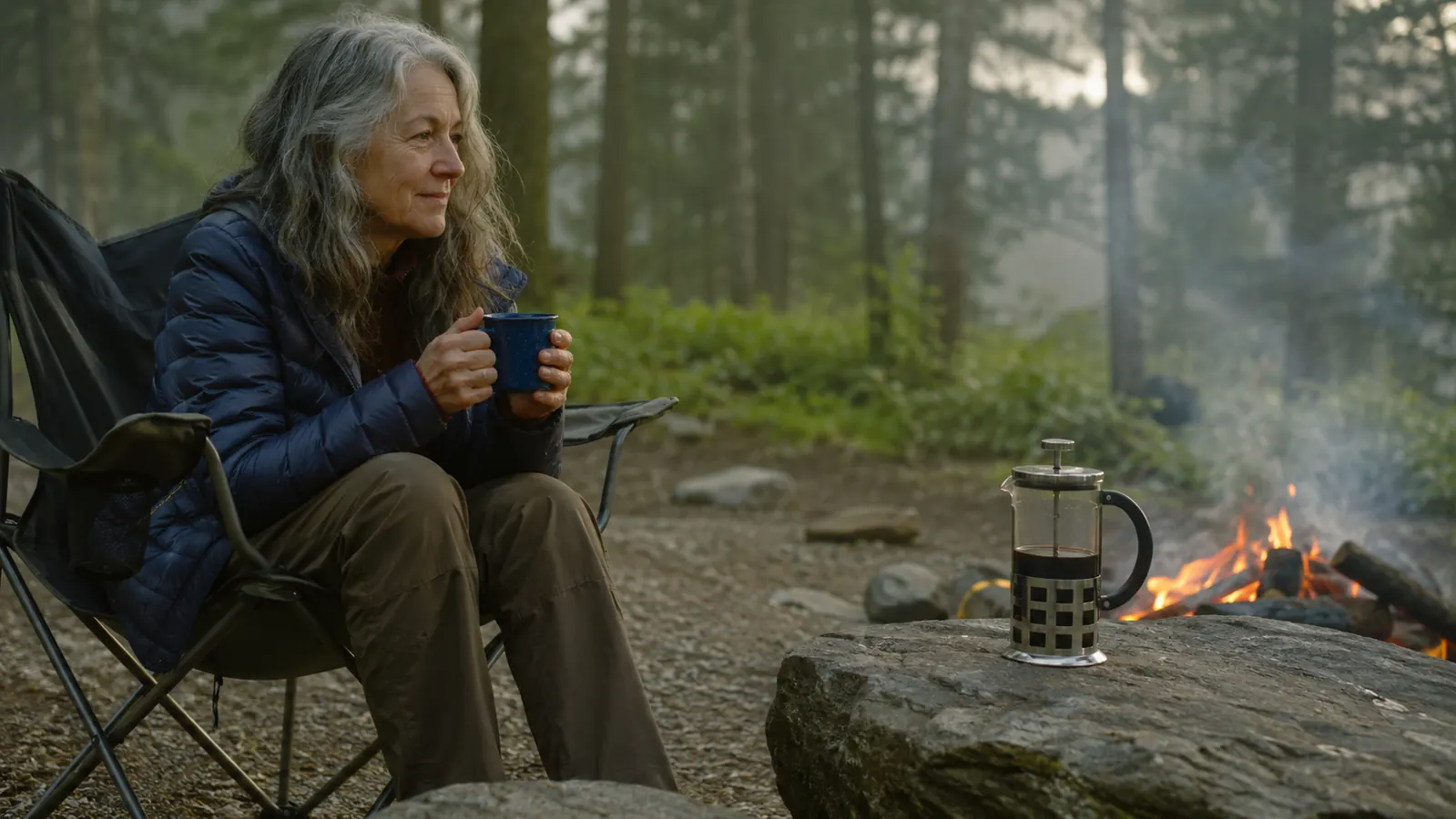 A glass camping French press with a metal protective frame sitting on a rock near a campfire, unattended