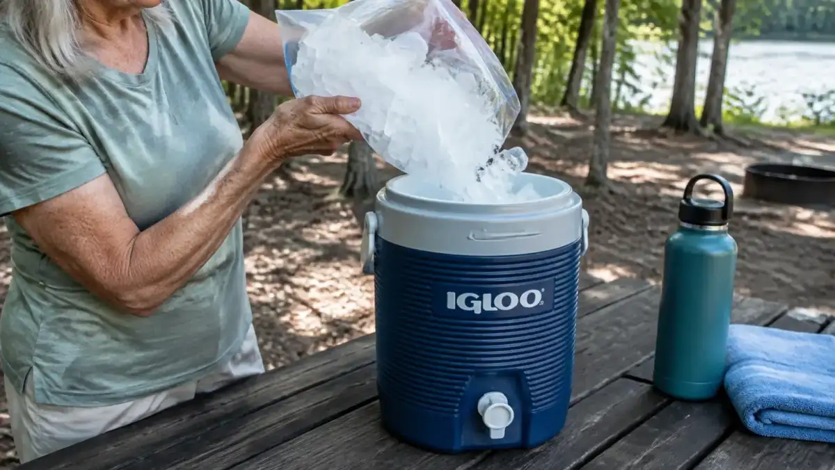 Hands filling the insulated beverage dispenser with block ice from a bag before adding water