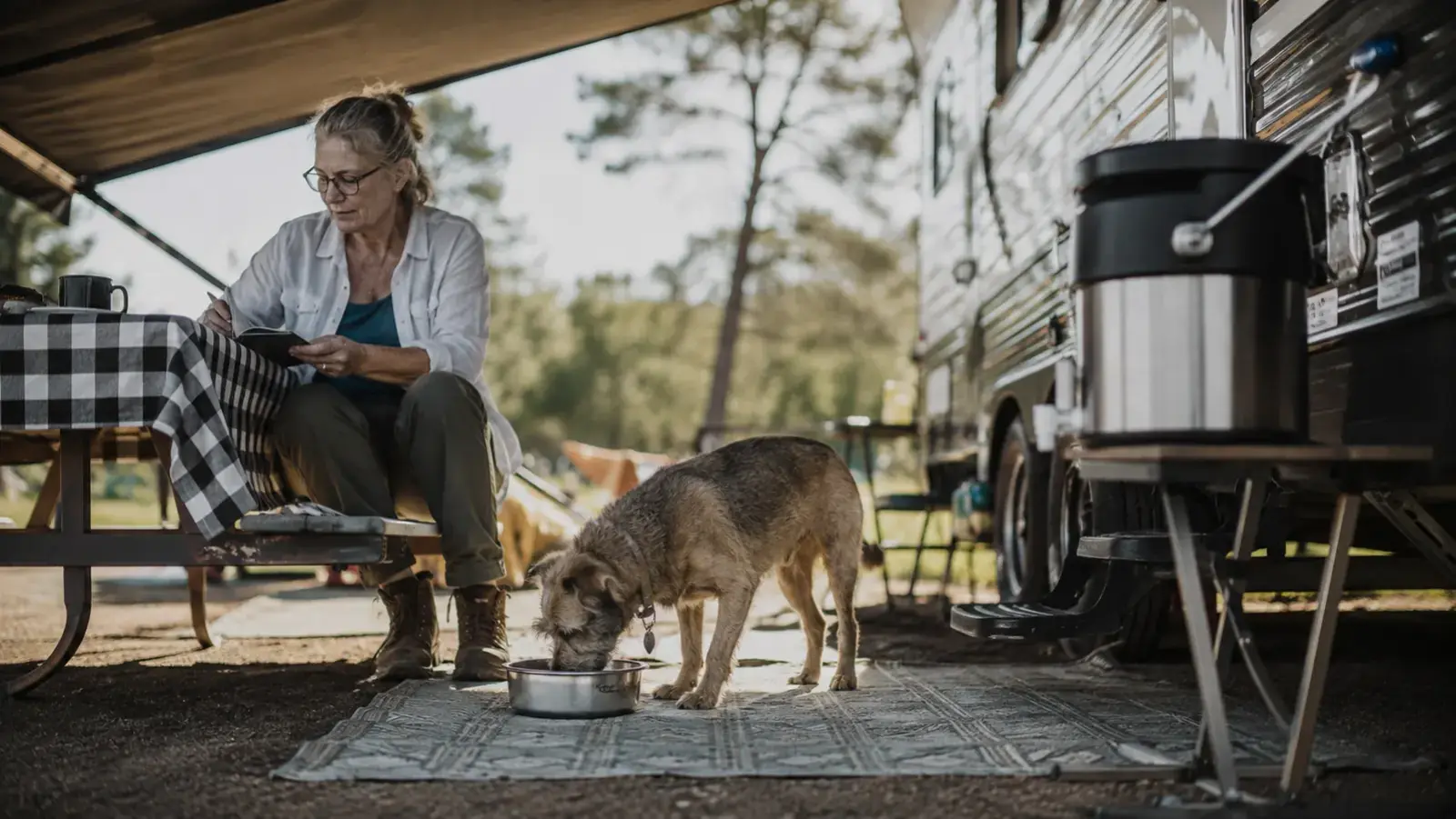 A dog drinking cool water from a shaded metal bowl near a campsite picnic table