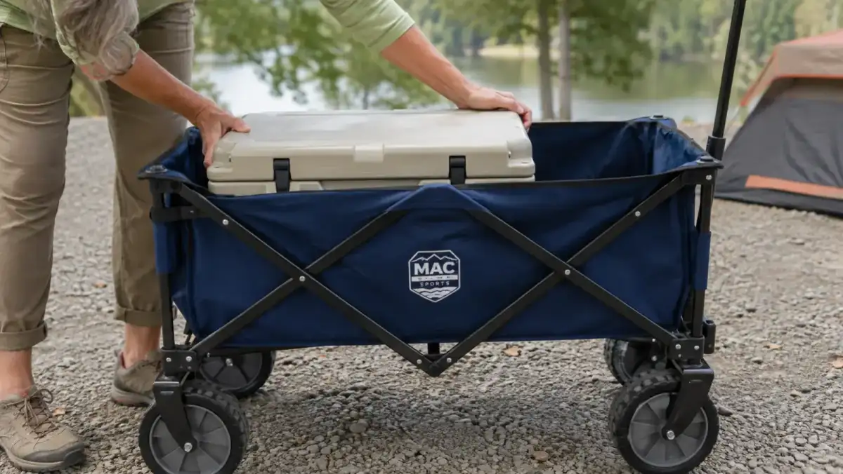Close-up of hands placing a loaded cooler low and centered in the fabric bed of a collapsible utility wagon over the wheel axle