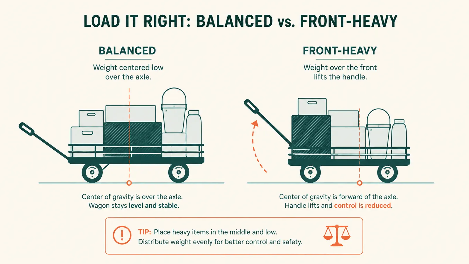 Diagram showing correct weight distribution in a loaded utility wagon, heavy items low and centered over the axle versus incorrect loading with weight piled at the front
