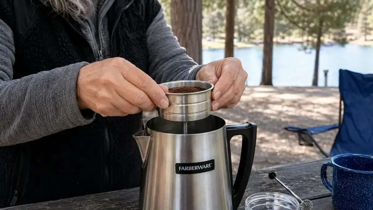 Close-up of hands assembling the coffee basket and stem inside the percolator before brewing