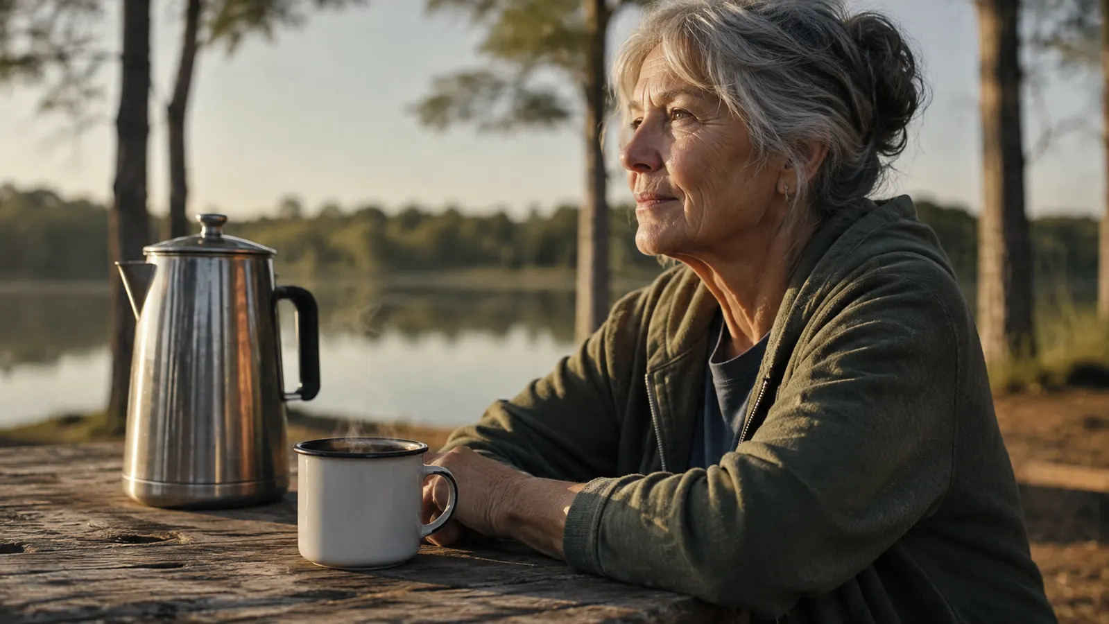 A steaming enamel camp mug of coffee sitting on a picnic table with a percolator in soft focus behind it