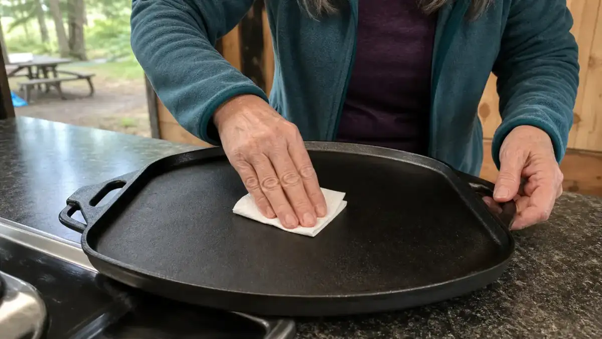 Hands wiping a thin coat of oil onto a cast iron griddle with a folded paper towel