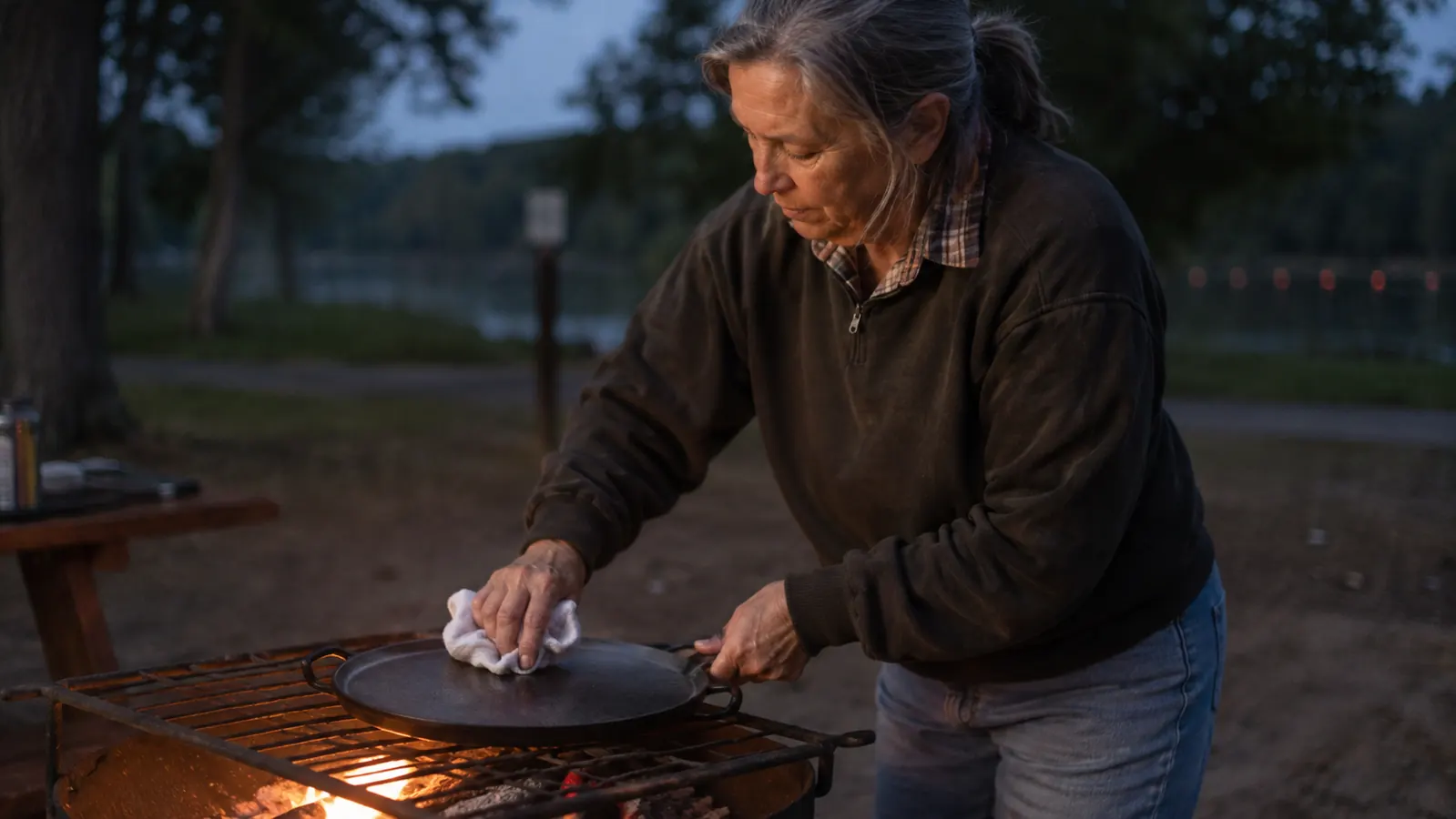 A cast iron griddle propped over a low campfire flame being reheated to dry it completely