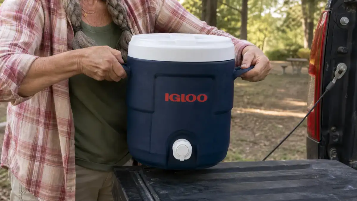 Both hands struggling to lift a full insulated water dispenser off a truck tailgate using the small side handles