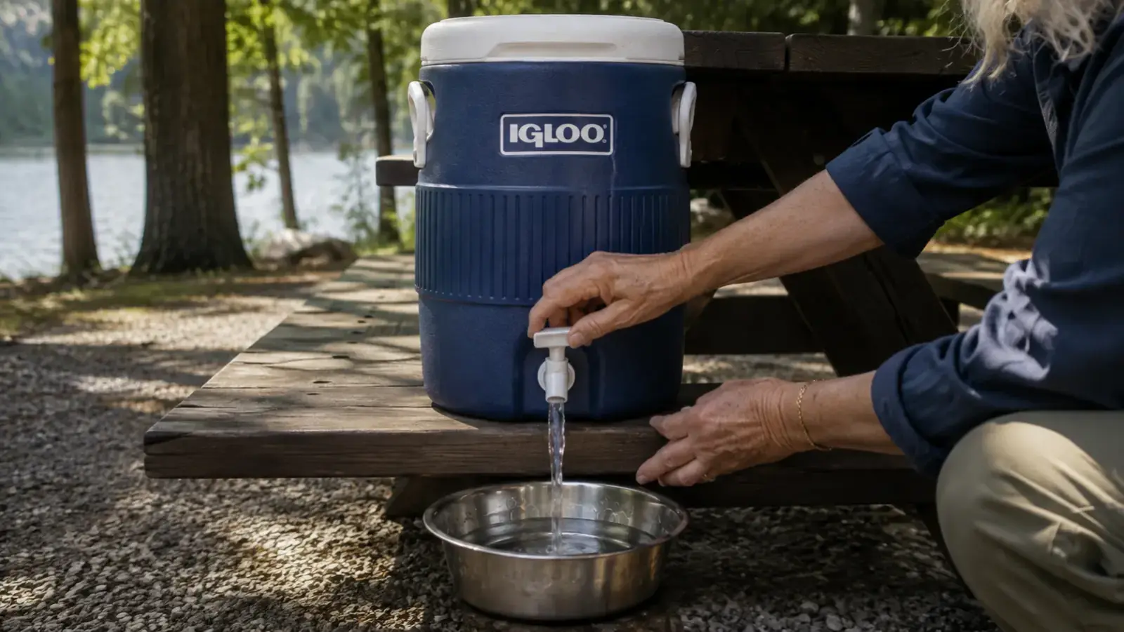 Close-up of hands pressing the spigot on the insulated water dispenser to fill a dog bowl