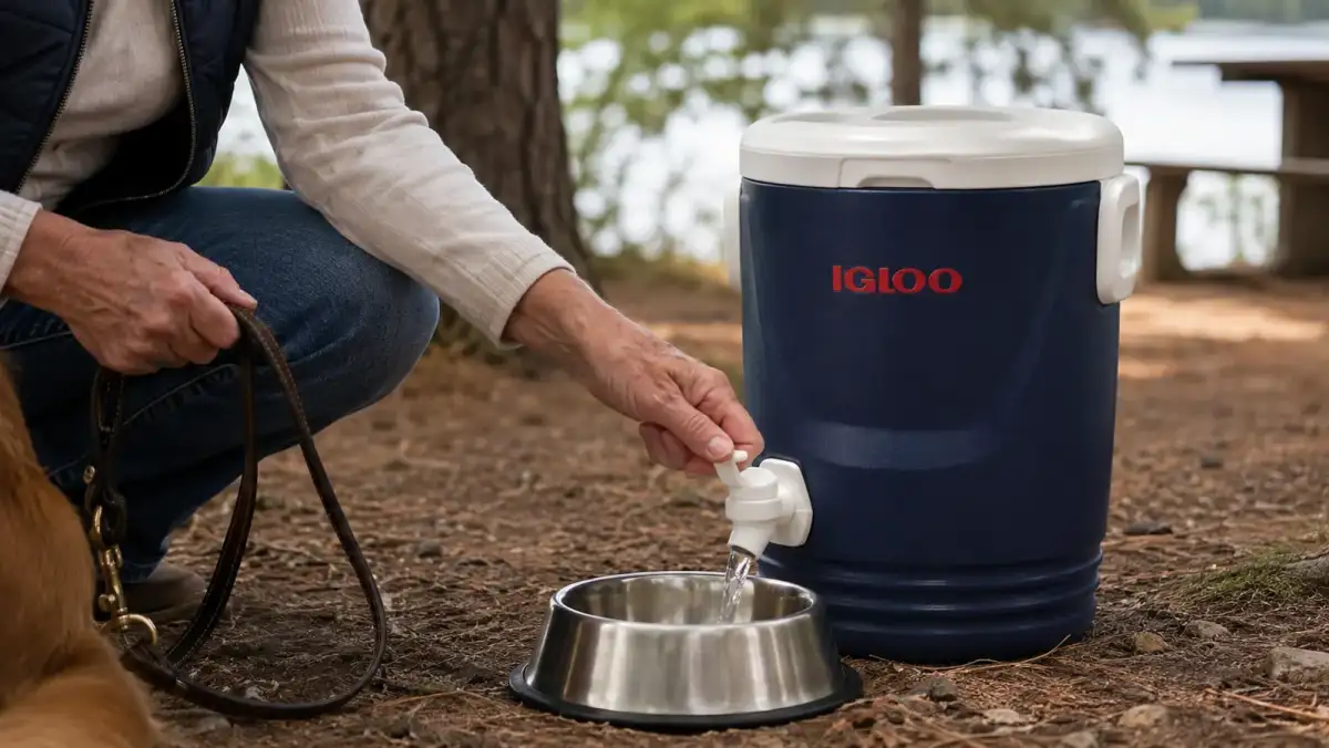 An older woman's hand pressing the push-button spout of the insulated water dispenser to fill a dog's metal bowl one-handed