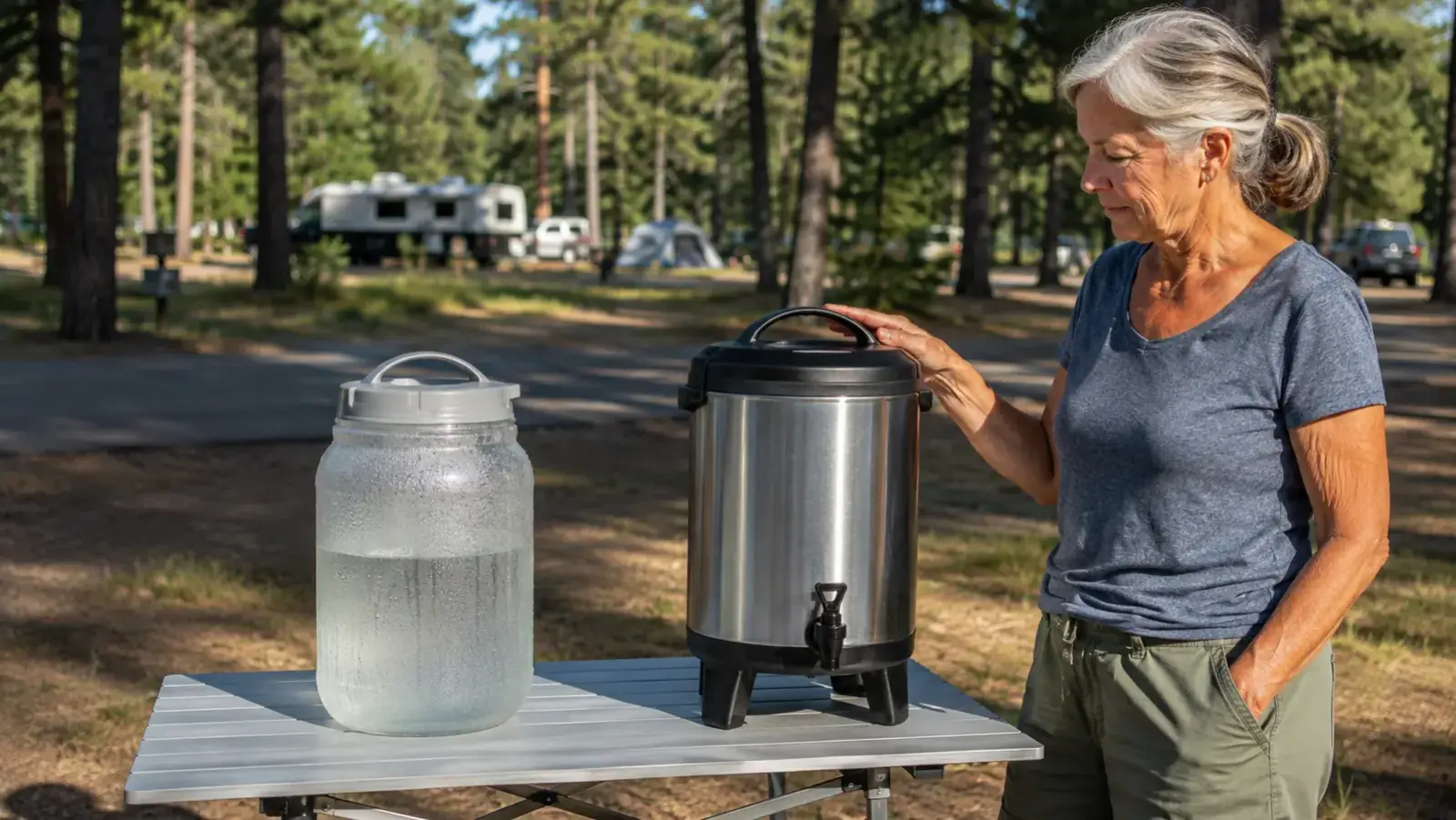 Both water containers left in direct sun on a camp table, one sweating with condensation and one dry