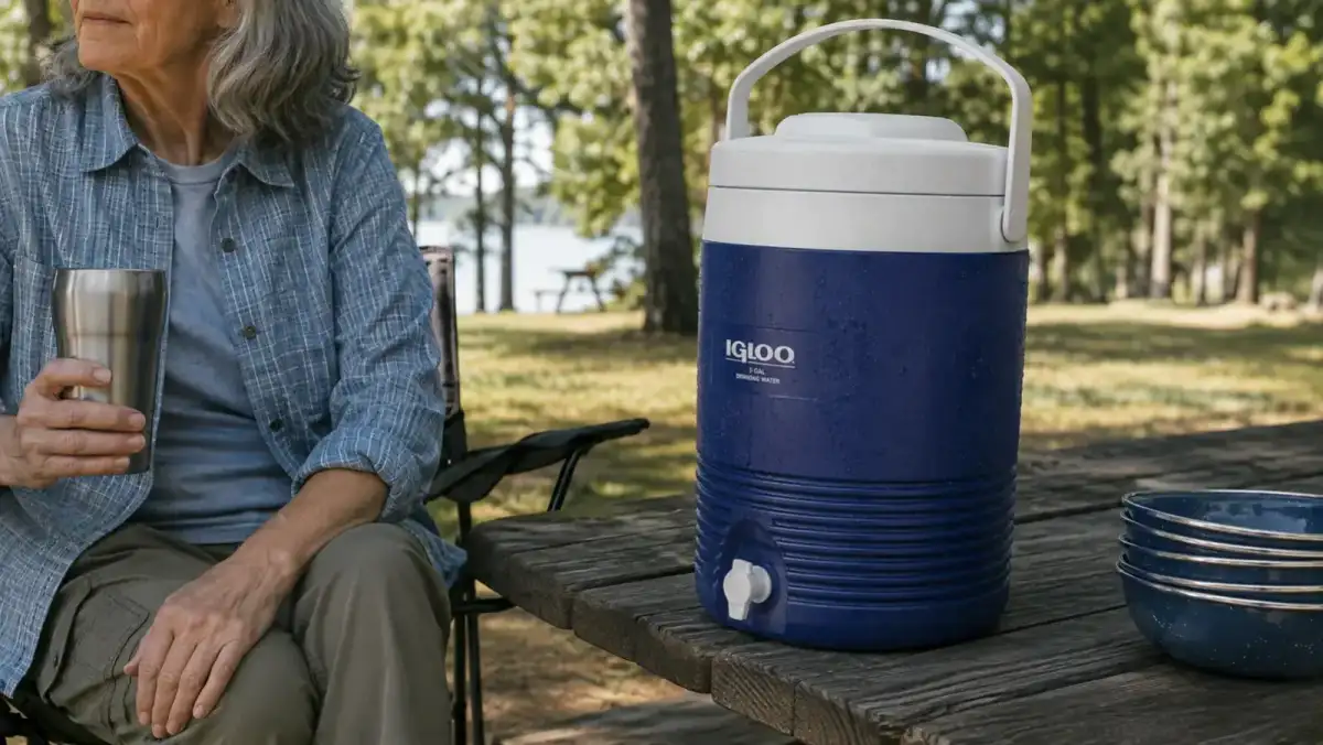The insulated water dispenser sitting in the shade of a picnic table with condensation beading on the outside