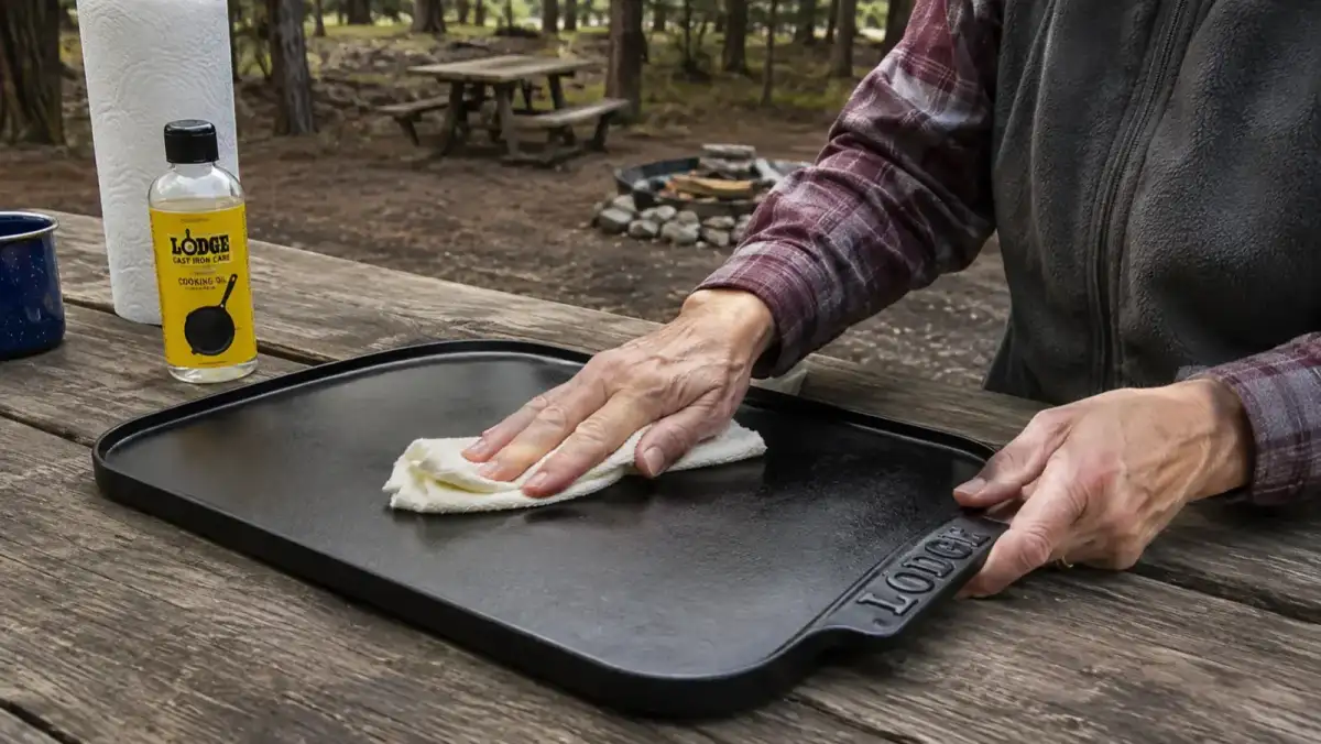 An older woman's hands wiping down a cast iron griddle with an oiled cloth at a picnic table after cooking