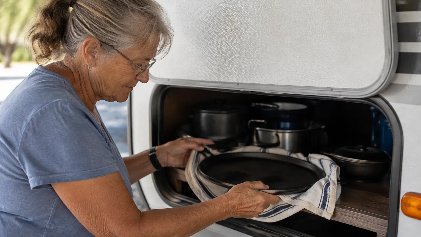 A cast iron griddle stored flat on a shelf inside a travel trailer's outside kitchen cabinet, wrapped in a dish towel