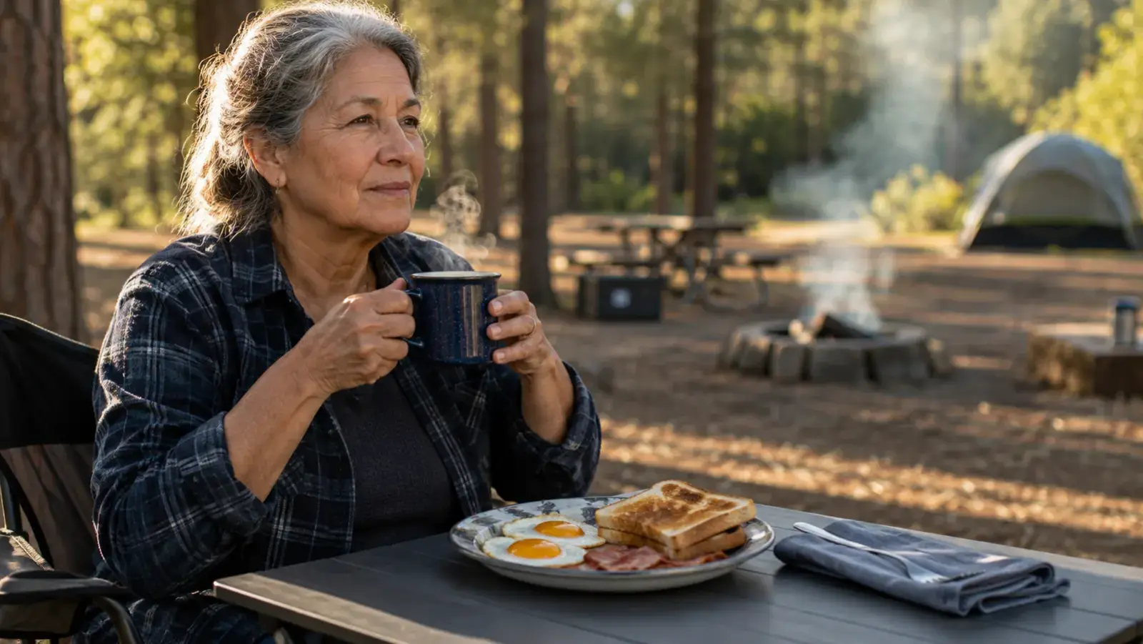 A single place setting at a small folding camp table with a full breakfast plate, coffee mug, and folded napkin
