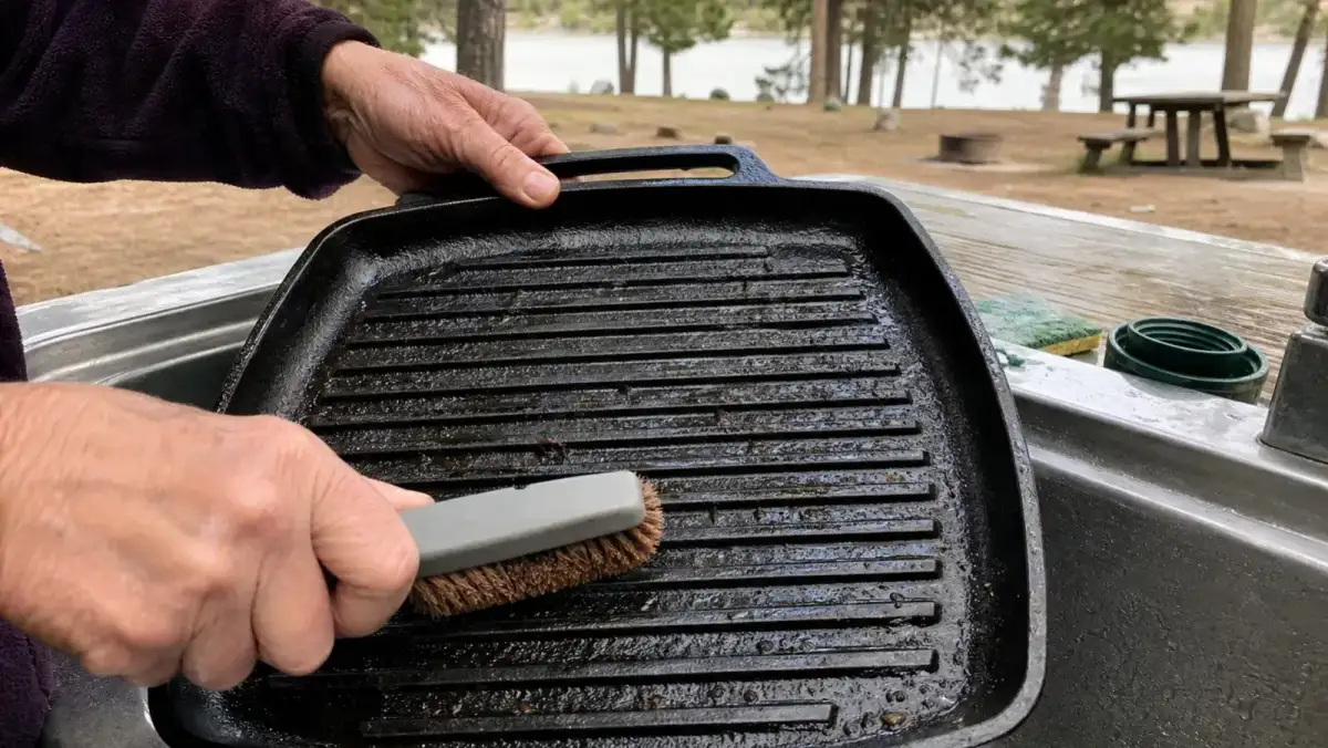 Close-up of an older woman's hand scrubbing grease out of the ribbed channels of a cast iron griddle with a stiff brush