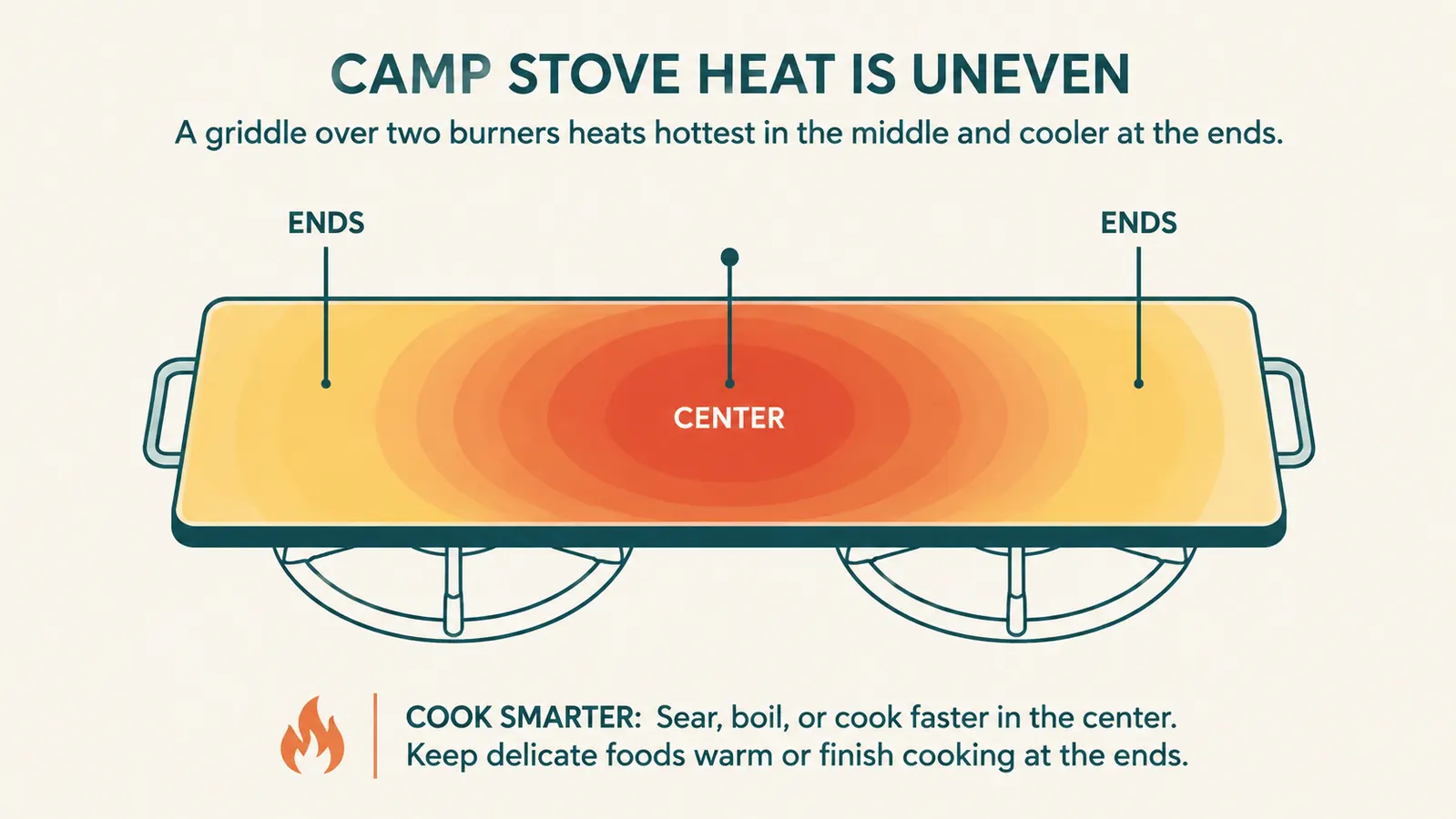 Chart showing uneven heat distribution across a griddle spanning two camp stove burners, hottest in the center where the burners overlap