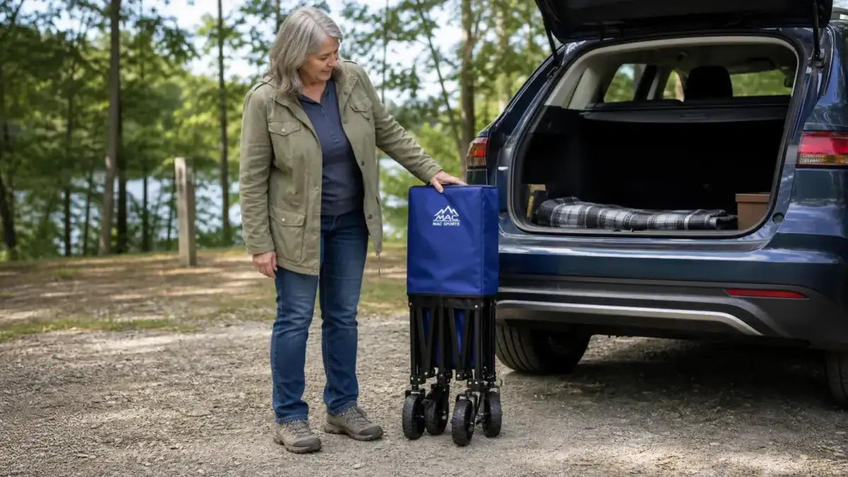 The folded wagon standing collapsed and compact against a car trunk before a camping trip