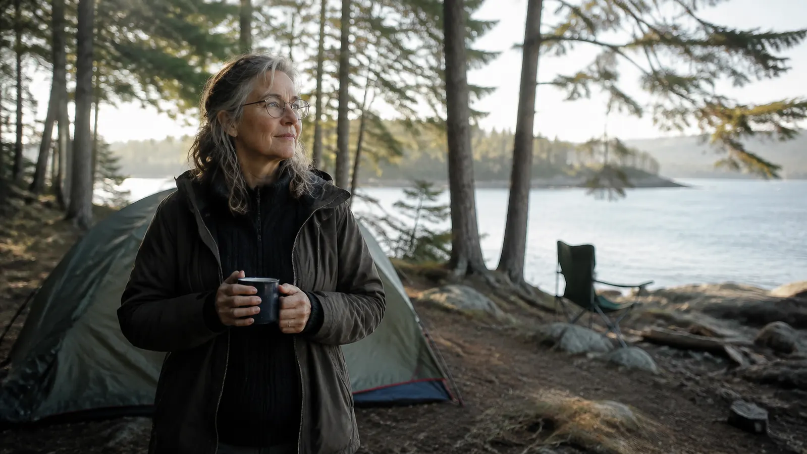 A quiet walk-in campsite tucked near the shoreline with a small tent already set up and morning light coming through the trees