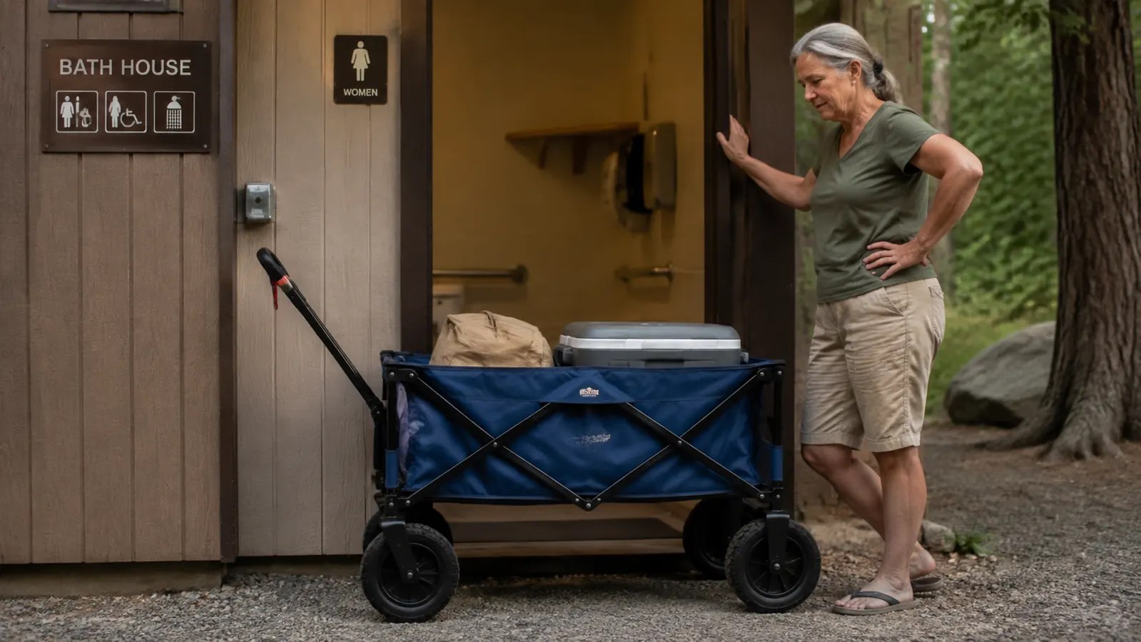 The folding utility wagon parked outside a narrow campground bathhouse doorway, too wide to fit through