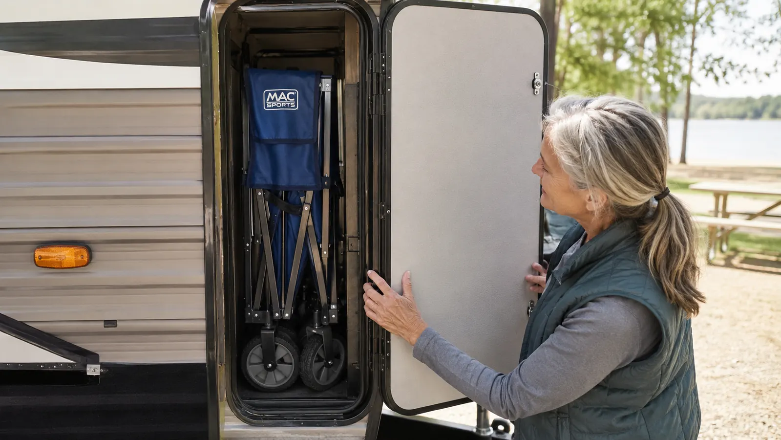 The folded wagon standing upright and flat against the inside wall of a travel trailer's pass-through storage bay