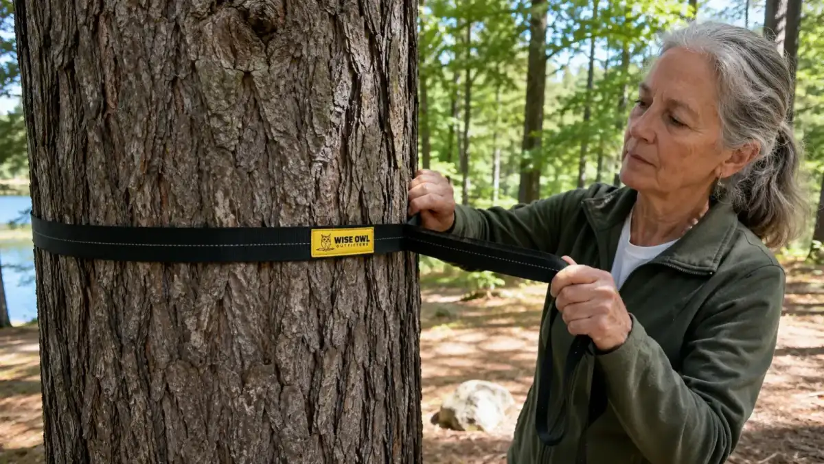Close-up of a tree strap wrapped near its maximum length around a wide tree trunk with little slack left