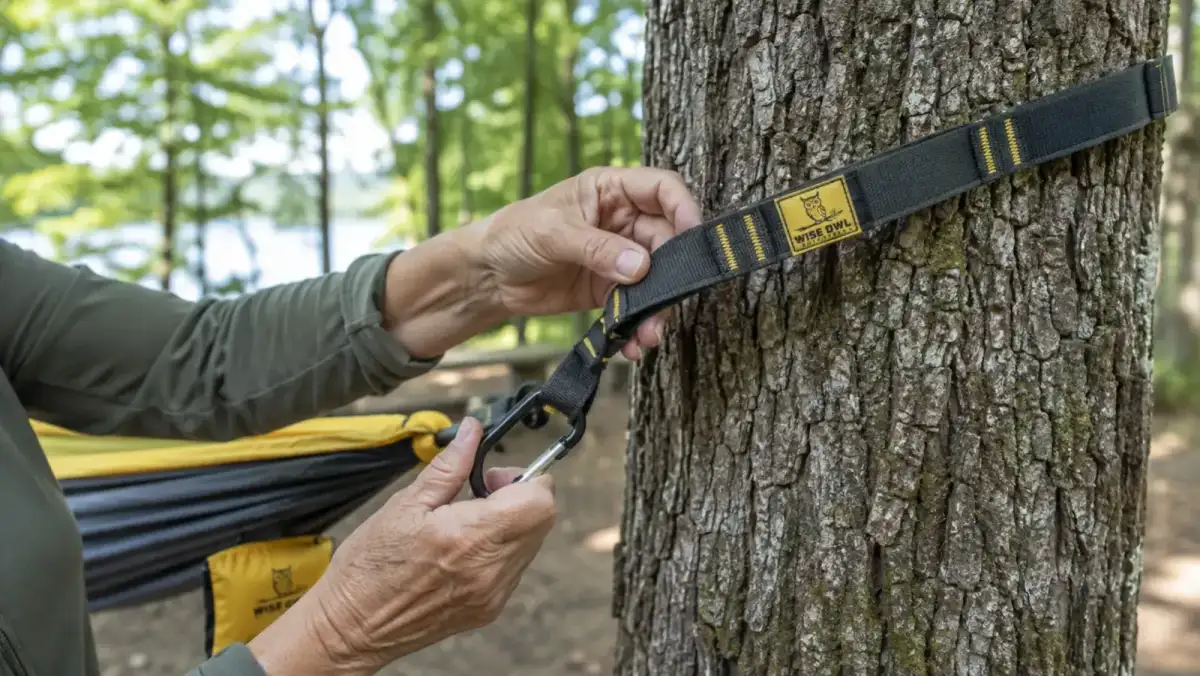 Close-up of weathered tree straps and a metal carabiner wrapped around a tree trunk, showing months of outdoor wear