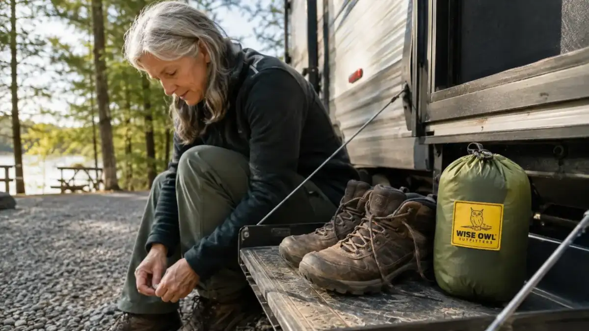 The camping hammock and its stuff sack sitting on a trailer step next to a pair of worn hiking boots, showing how small it packs after months of use