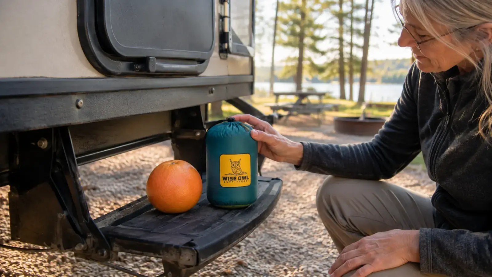 The camping hammock packed down small next to a trailer step, sized against a grapefruit for scale