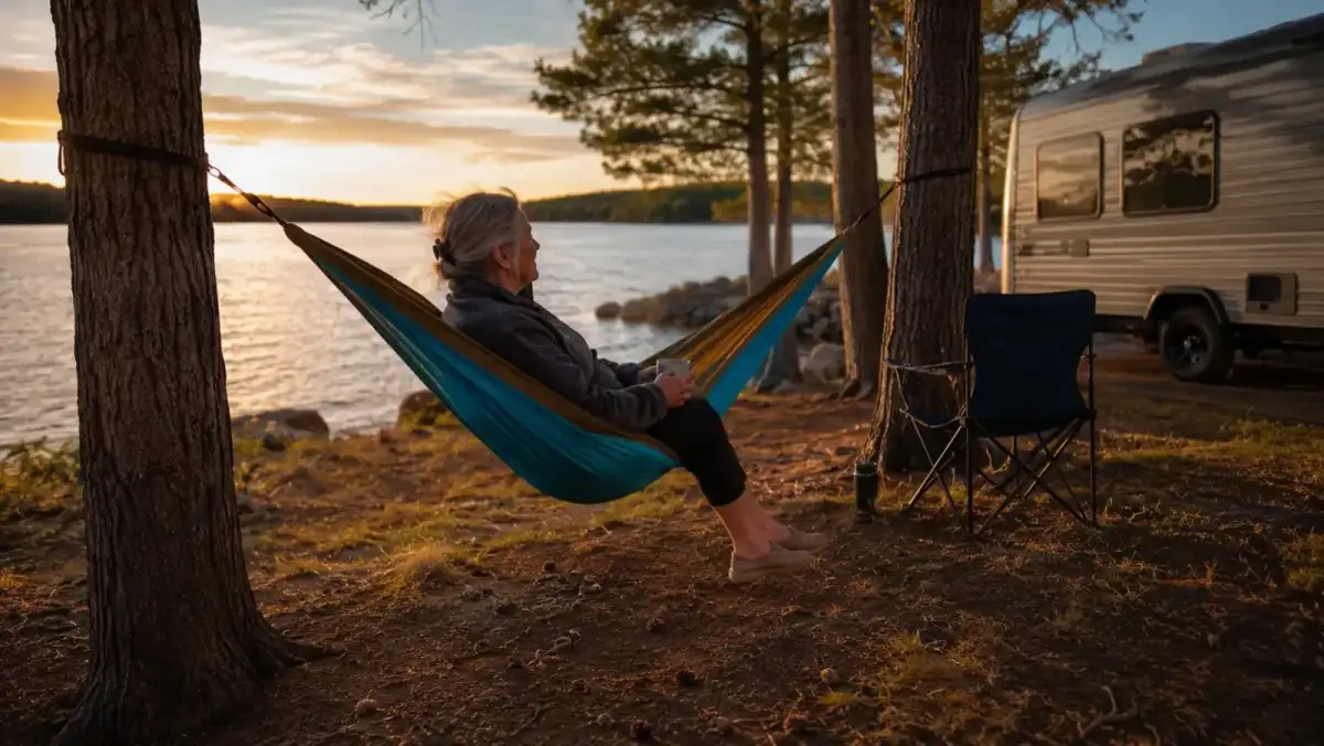 A quiet lakeside Corps of Engineers campground site at golden hour with a hammock strung between two trees and a folding camp chair nearby
