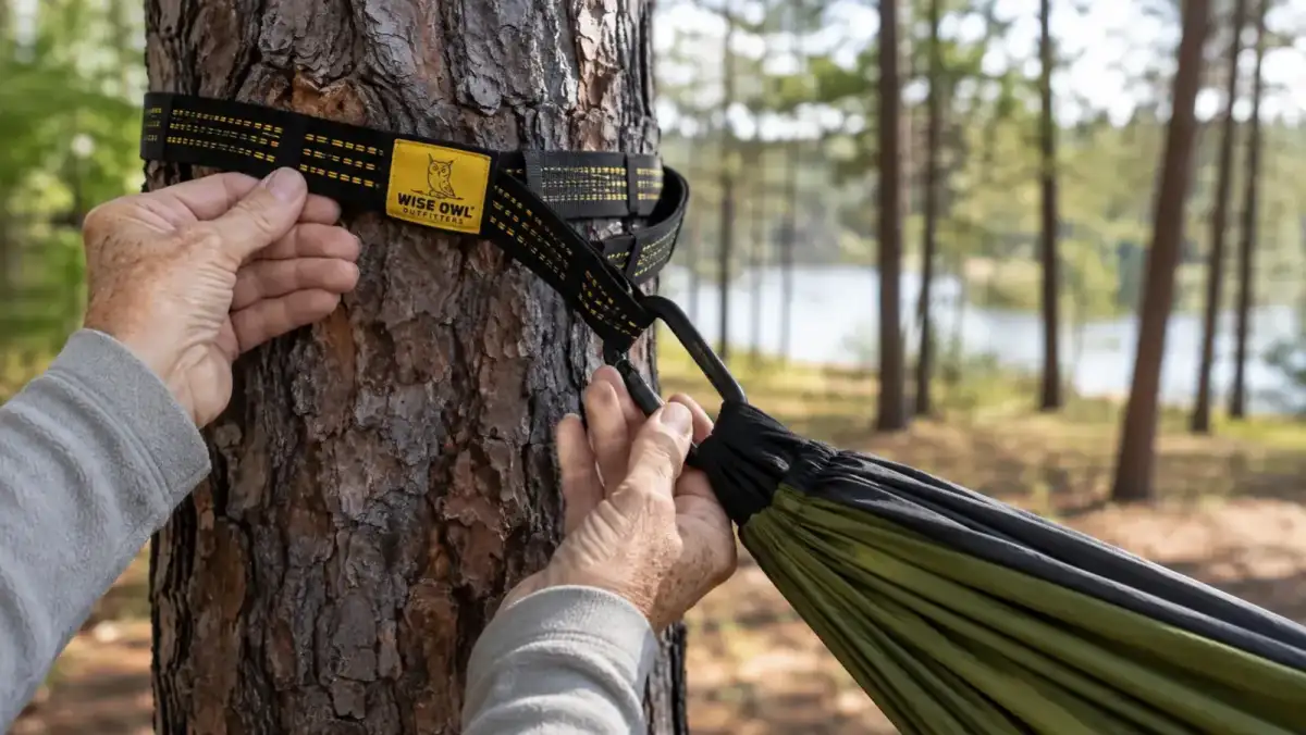 Close-up of the included tree straps and carabiner clip on the Wise Owl camping hammock being wrapped around a tree trunk