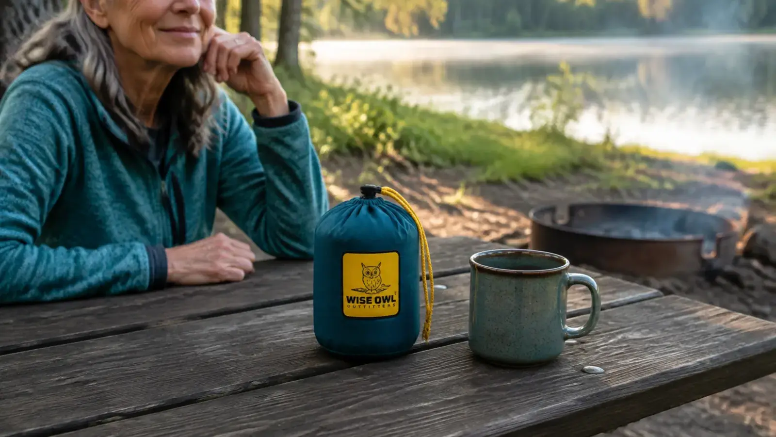 A camping hammock packed down into a small stuff sack sitting on a picnic table next to a coffee mug for scale
